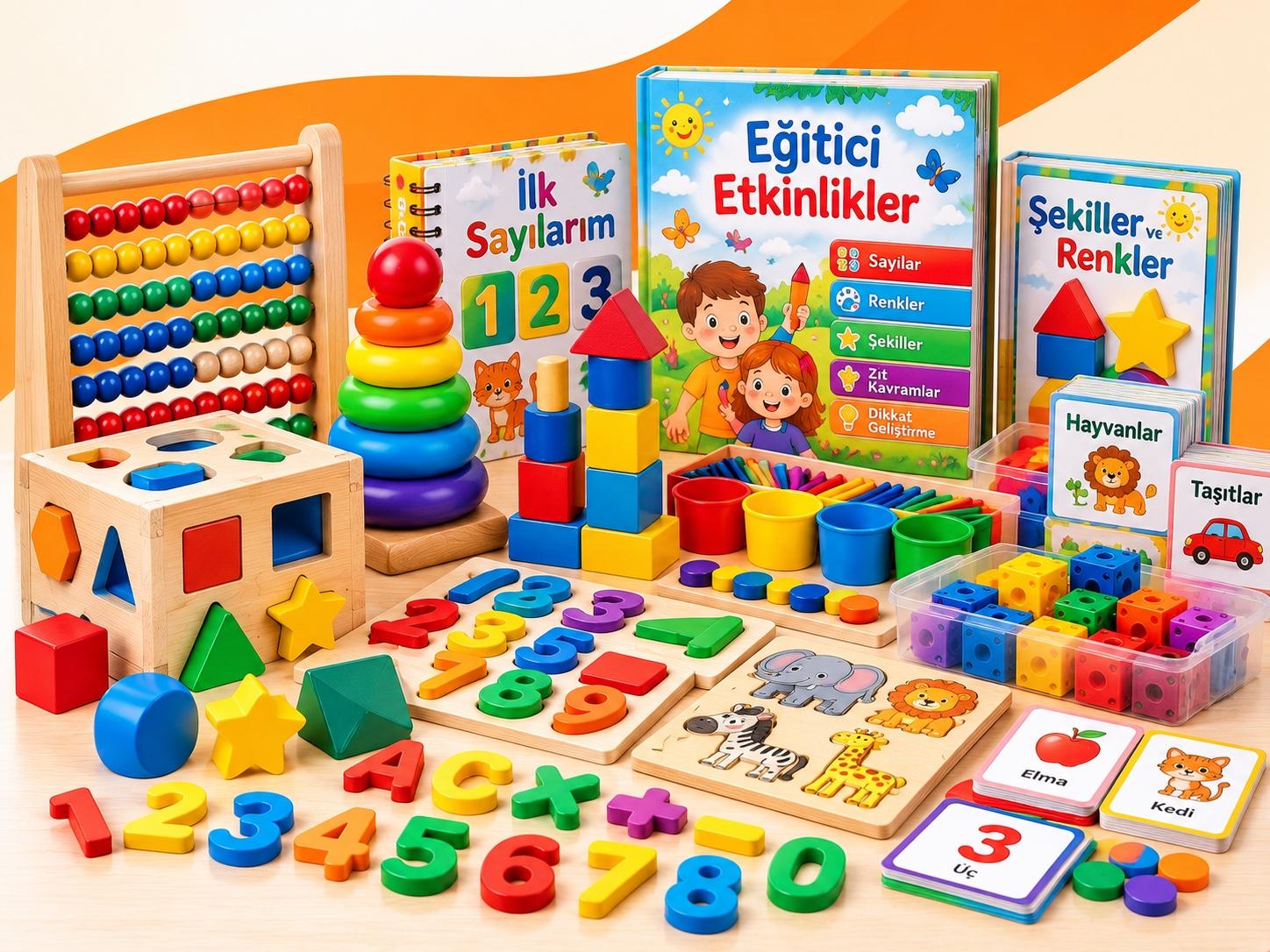 Eğitici ürünler, ahşap abaküs, sayı blokları, şekil eşleştirme oyuncağı, yapboz ve çocuklar için öğrenme materyalleri