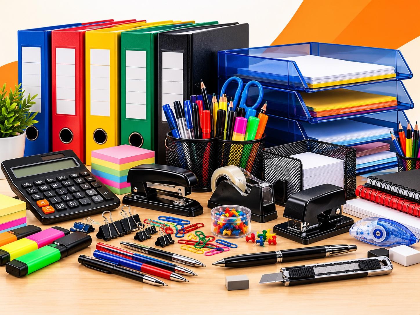 Büro malzemeleri, renkli klasörler, hesap makinesi, zımba, delgeç, kalemlik, makas ve evrak düzenleyiciler
