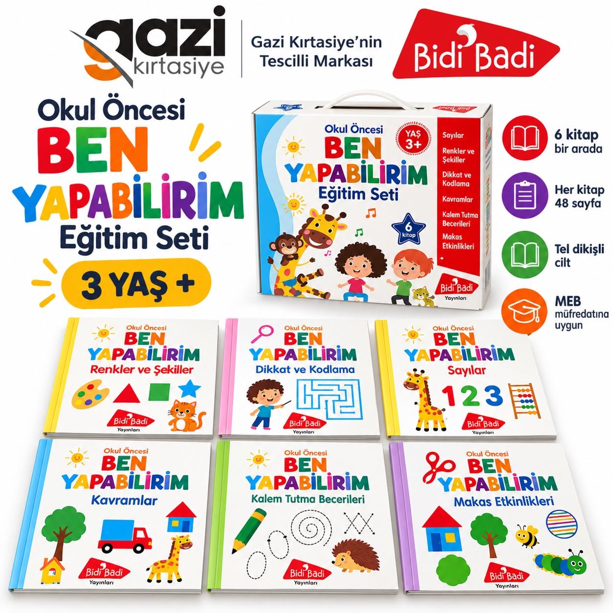 BidiBadi Yayınları Ben Yapabilirim Okul Öncesi Eğitim Seti, 3 yaş ve üzeri çocuklar için 6 kitap, her biri 48 sayfa, tel dikişli cilt, MEB müfredatına uygun etkinlik kitapları