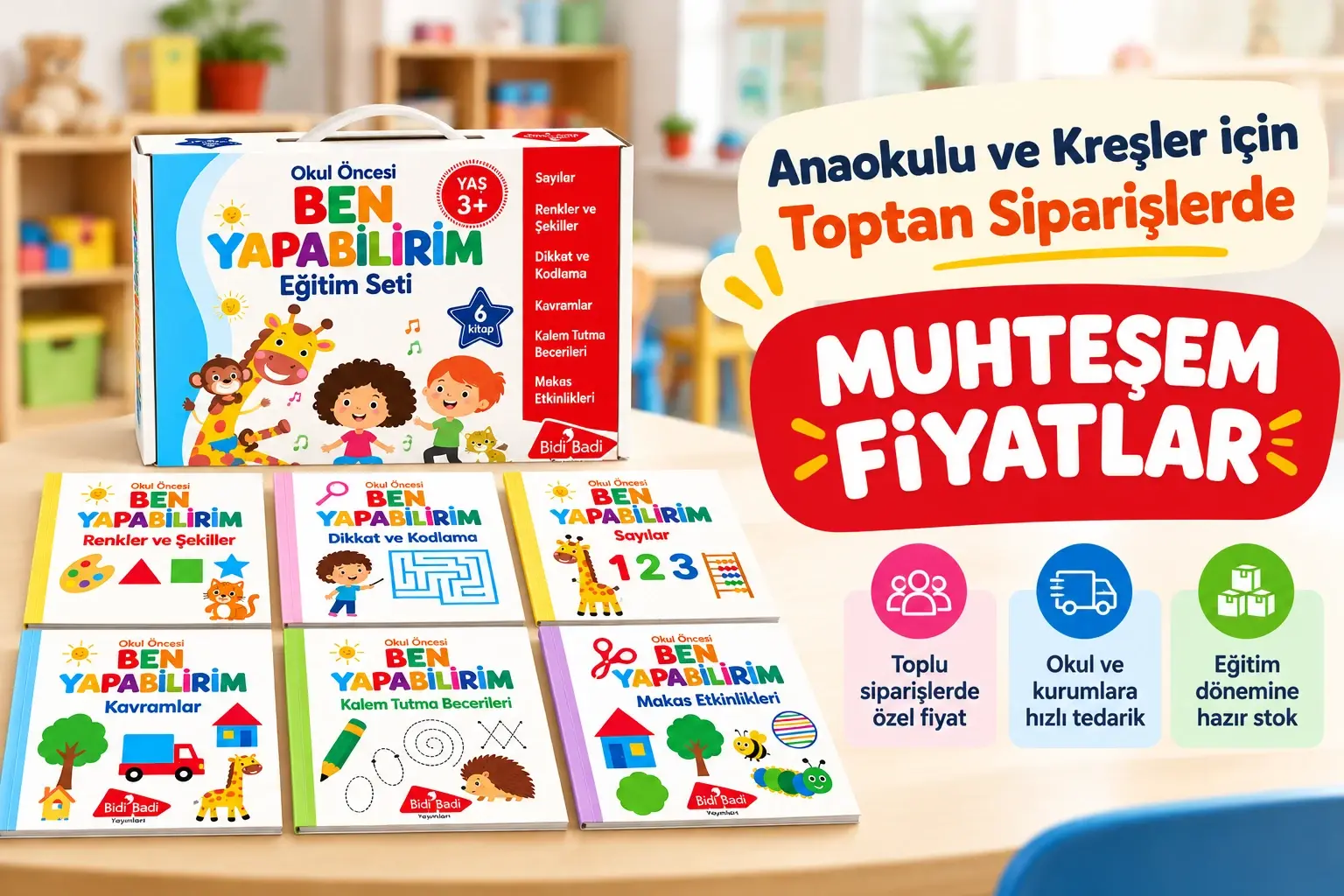 Anaokulu ve kreşlere özel BidiBadi Ben Yapabilirim 3 yaş üzeri okul öncesi eğitim seti, 6 kitap ve toptan sipariş kampanyası