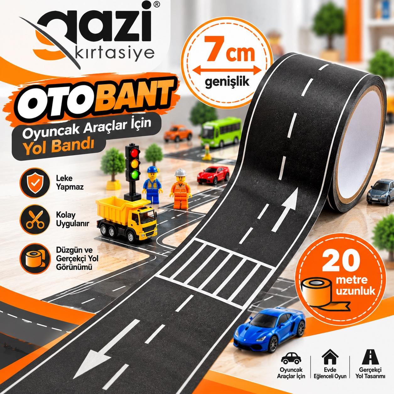 Gazi Kırtasiye OtobanT Yol Yapım Bandı Oyuncak Arabalar İçin Yol ve Trafik Parkuru 7 cm Genişlik | 20 Metre Uzunluk Kendi Yolunu Tasarla, Oyuna Başla!